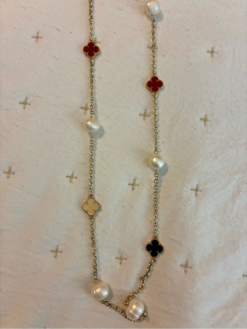 Gold Chain Necklace with Red, Black, and Cream Clover Accents and Pearls